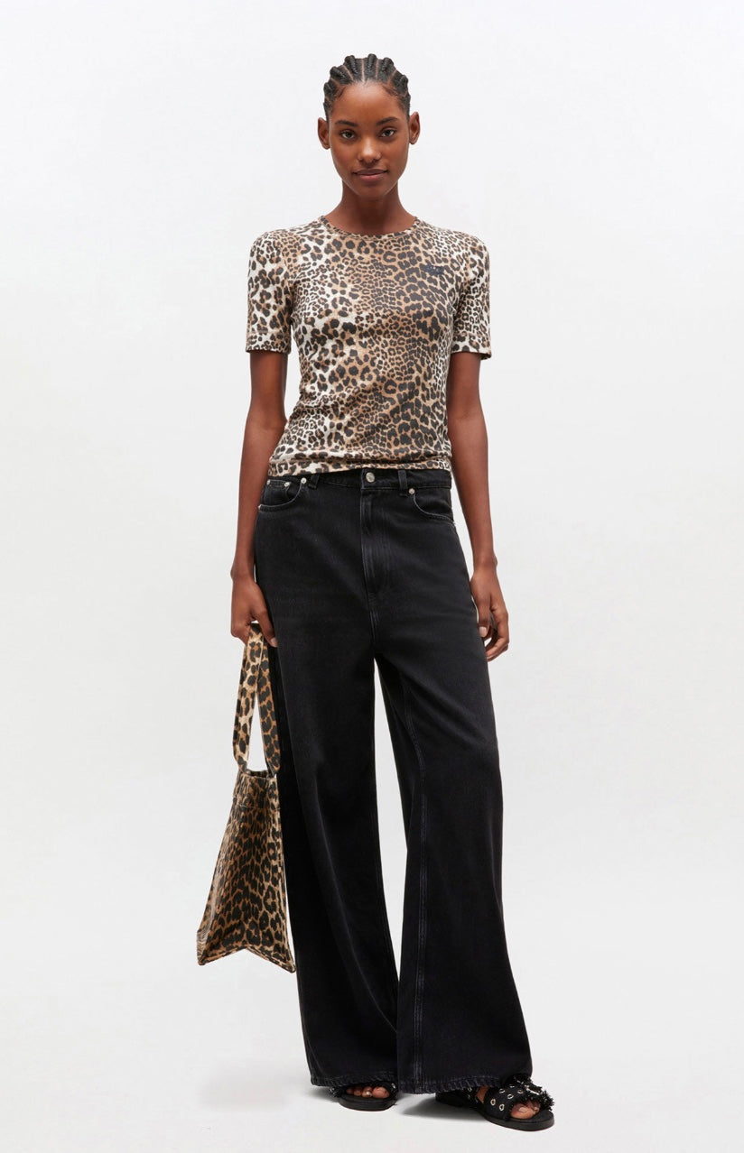 Ganni Leopard Rib Short-Sleeve T-Shirt