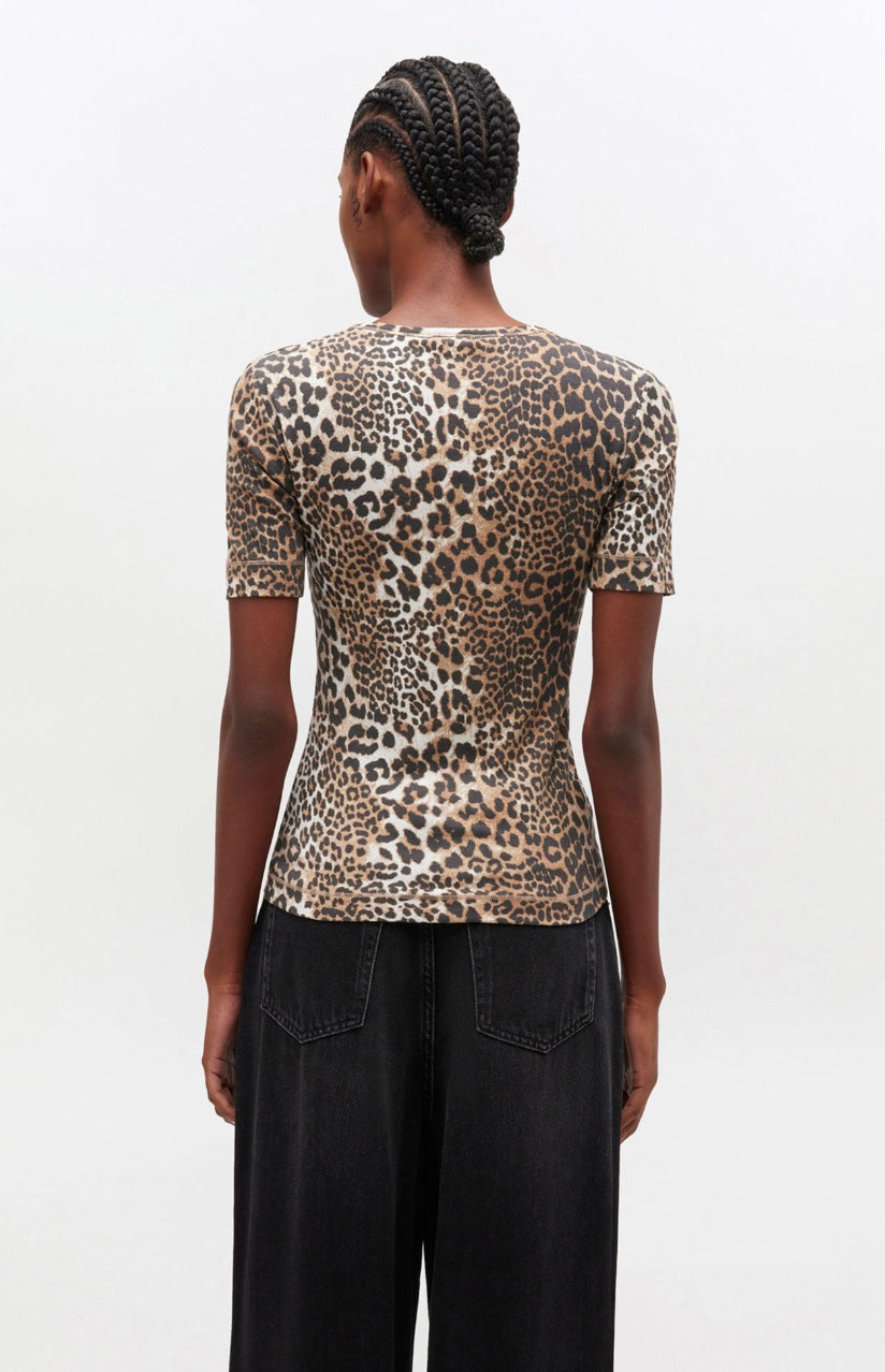 Ganni Leopard Rib Short-Sleeve T-Shirt