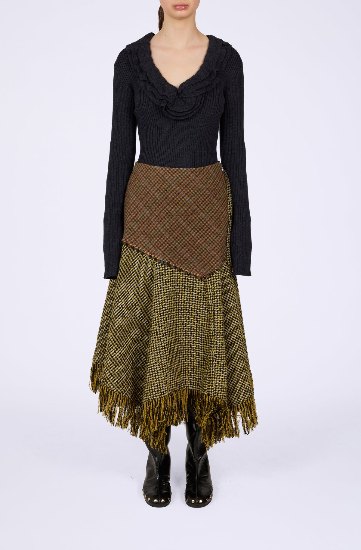 Woollen Check Patchwork Long Skirt
