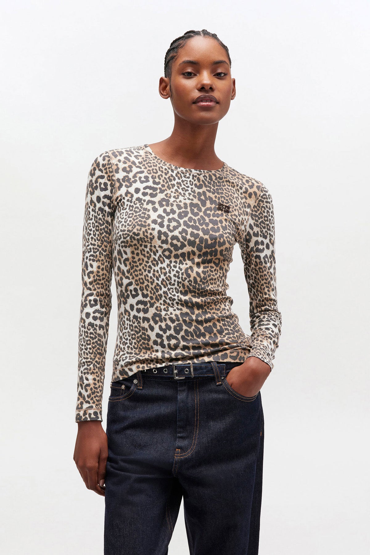 Ganni Soft Cotton Rib Leopard Long Sleeve