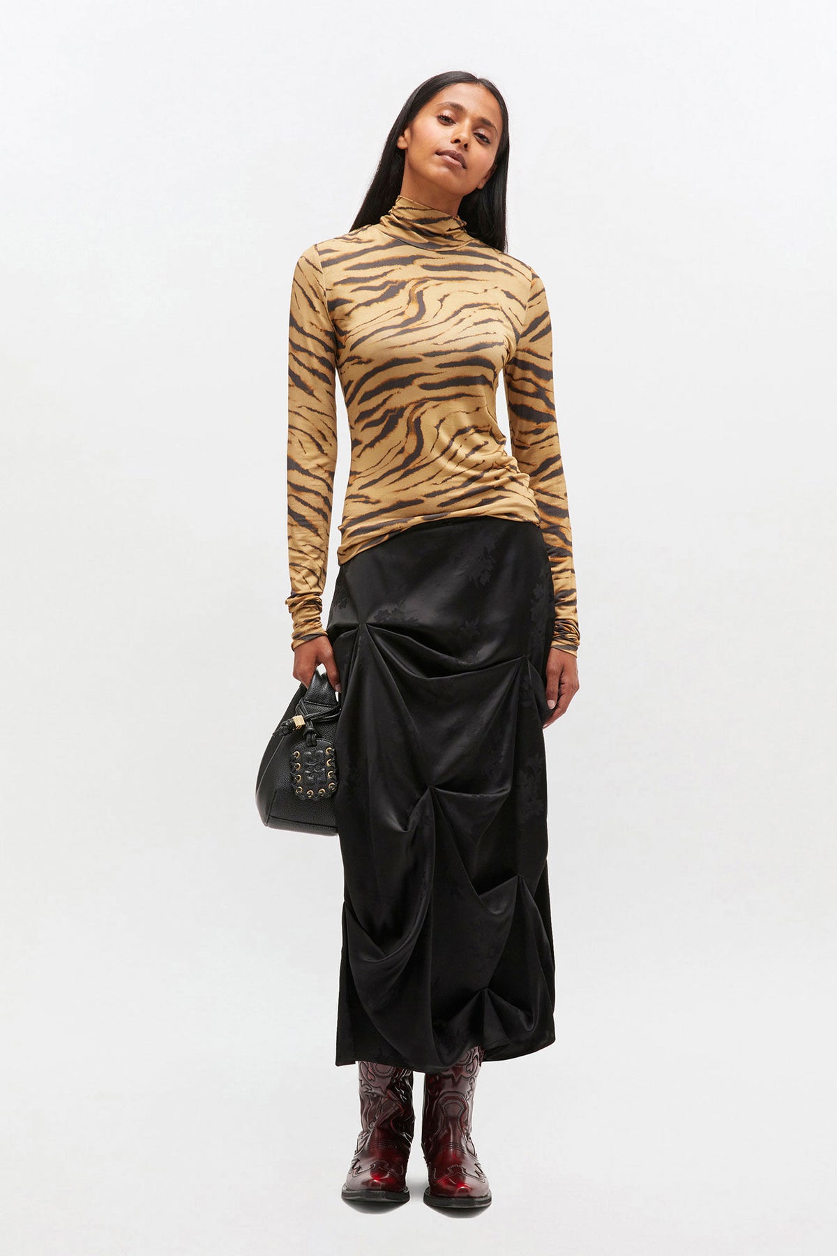 Fluid Satin Jacquard Tuck Detail Long Skirt