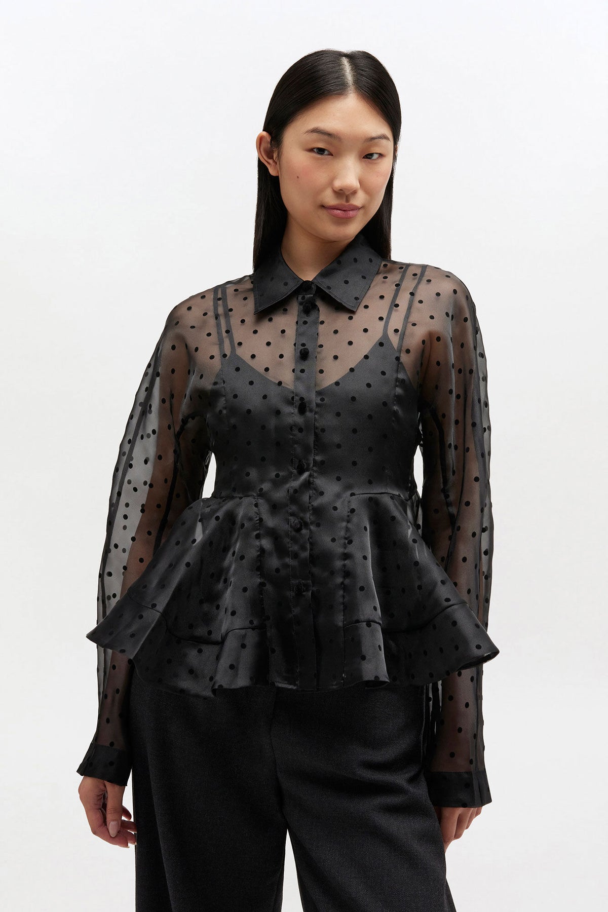 Ganni Flocked Organza Peplum Shirt
