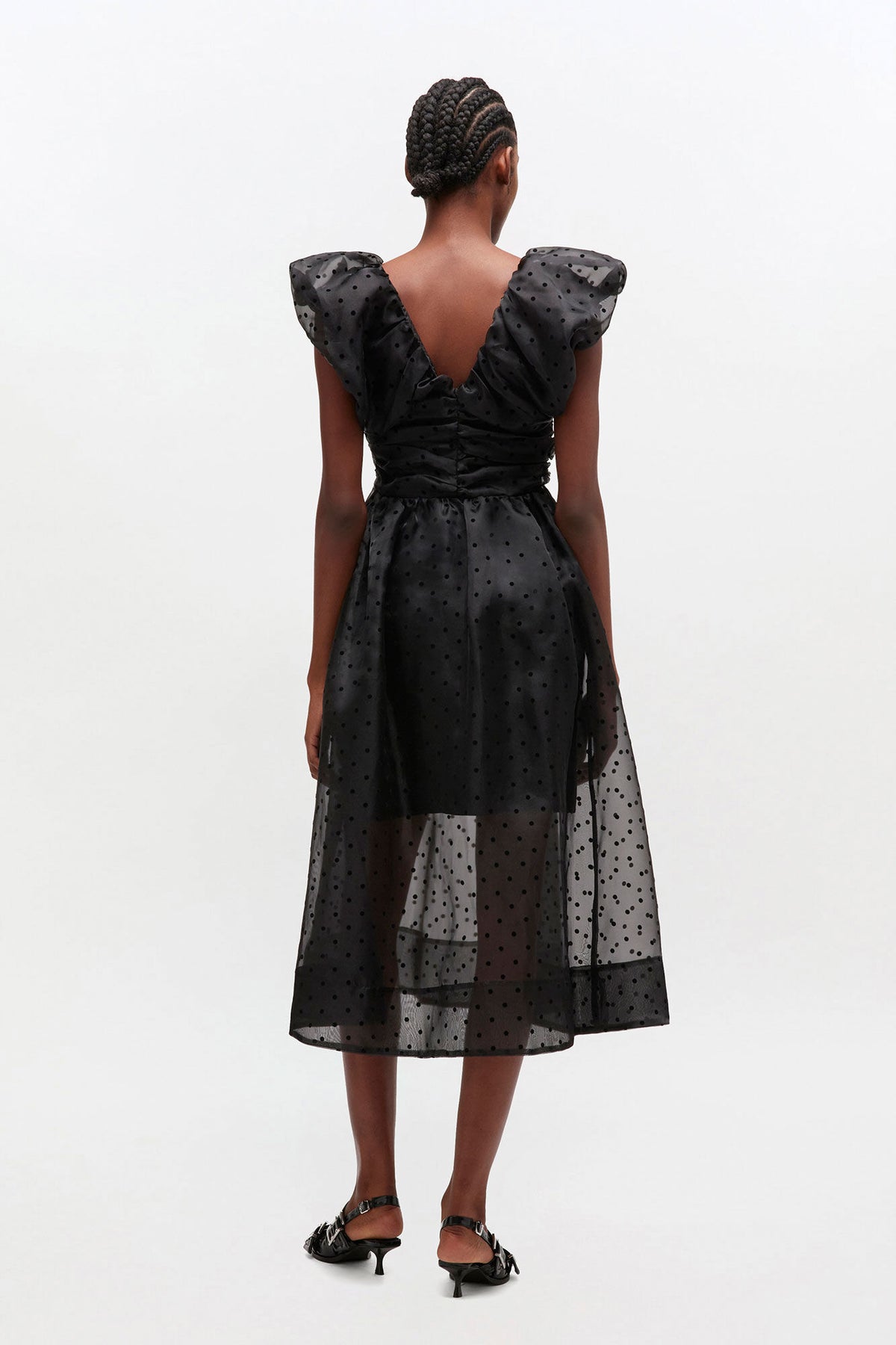 Ganni Flocked Organza Long Ruched Dress