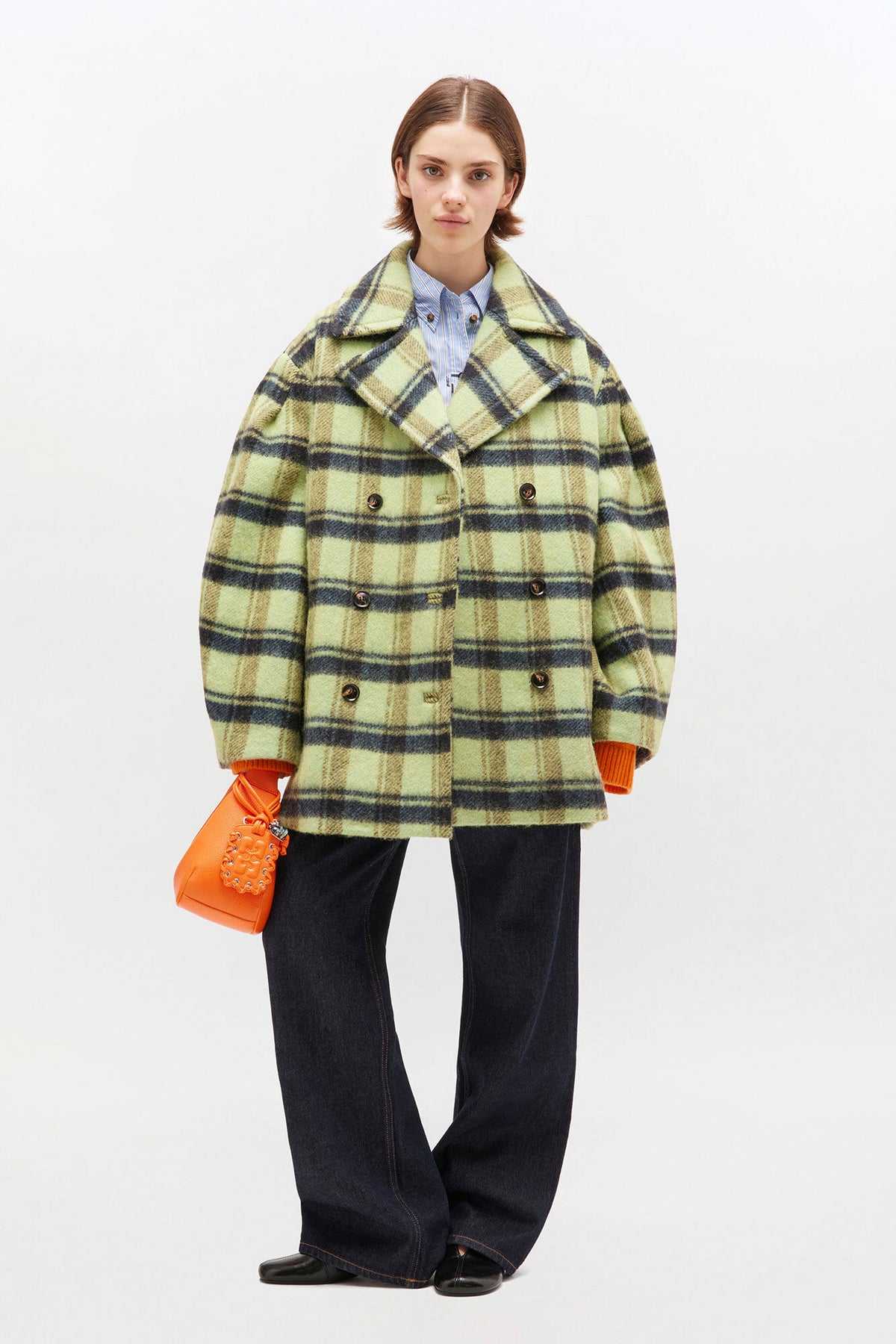 Brushed Wool Check Midi Coat