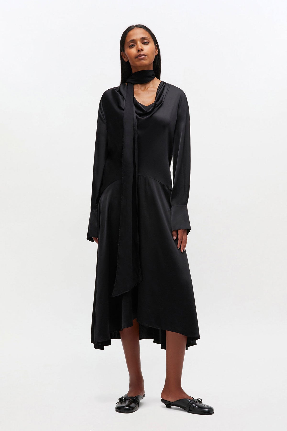Solid Stretch Satin Cowl Scarf Midi Dress