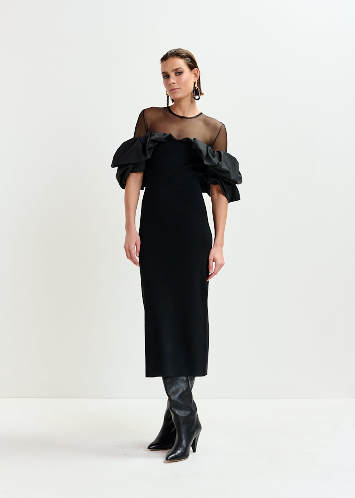 sheer yoke dress Oscar de la Renta Sheer Yoke Ruffle Off Shoulder Flute Skirt Dress