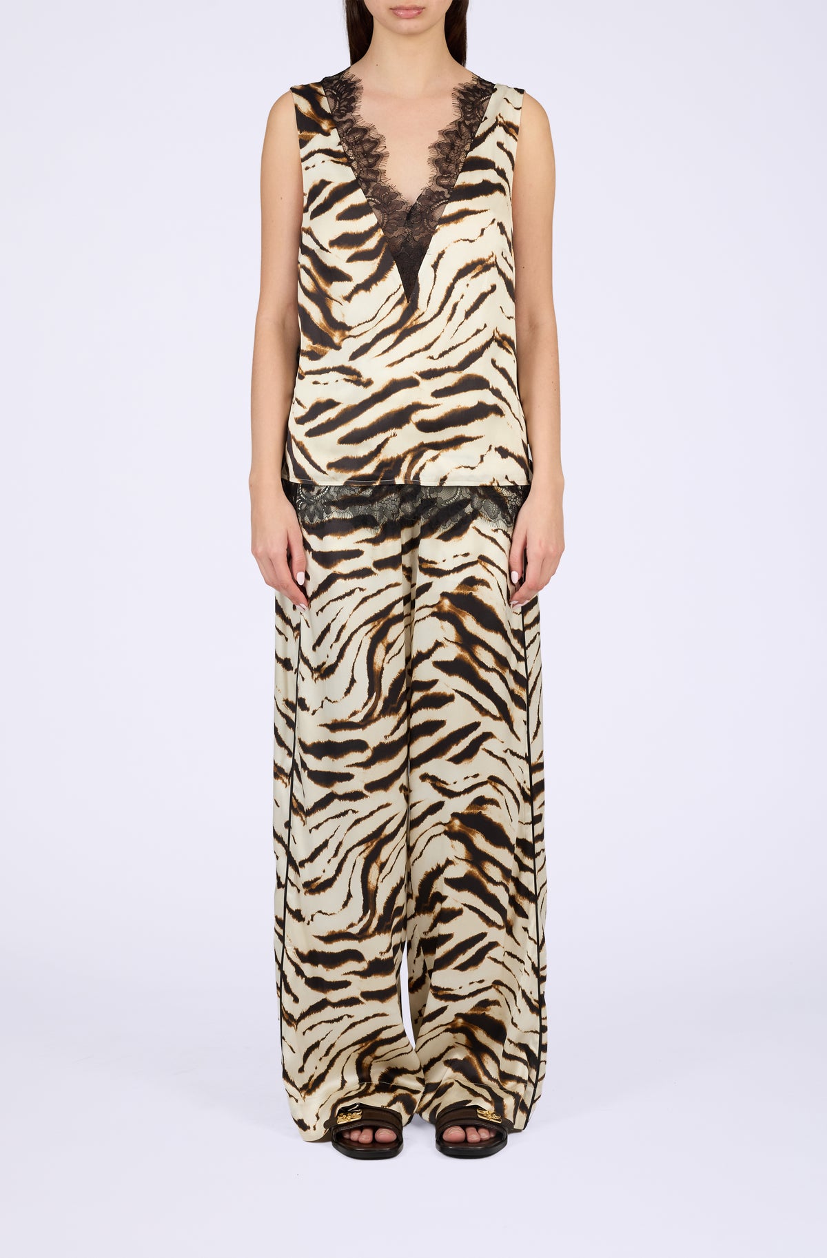 Printed Stretch Satin V-neck Lace Slip Top