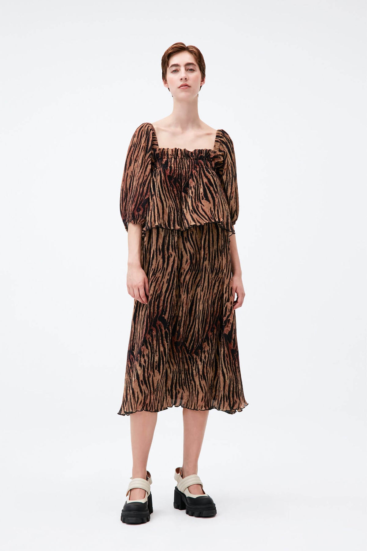 GANNI Pleated Georgette Midi Dress