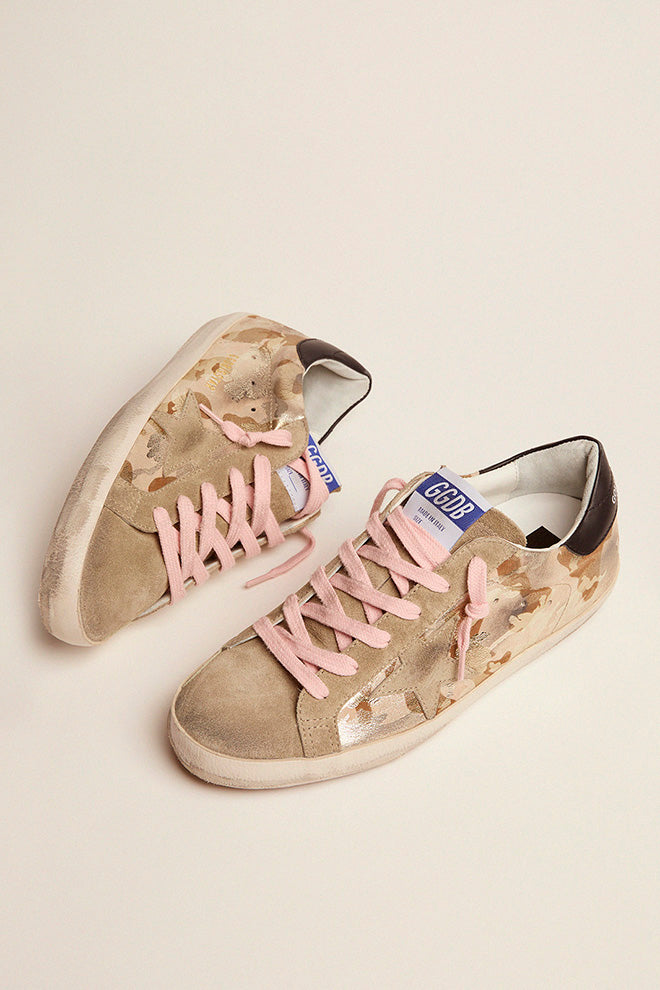 Golden Goose Super Star Laminated Camouflage Print Leather Suede Toe and Star Leather Heel