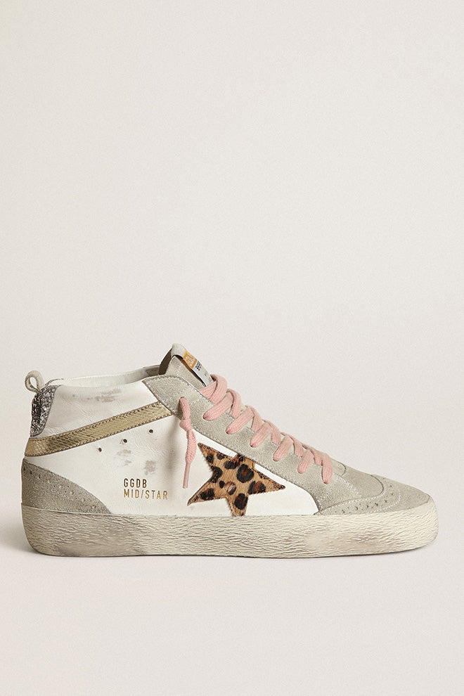 Golden Goose Mid Star Leather Upper Suede Toe and Spur Mini Leo Star Mini Viper Print Wave Glitter Heel