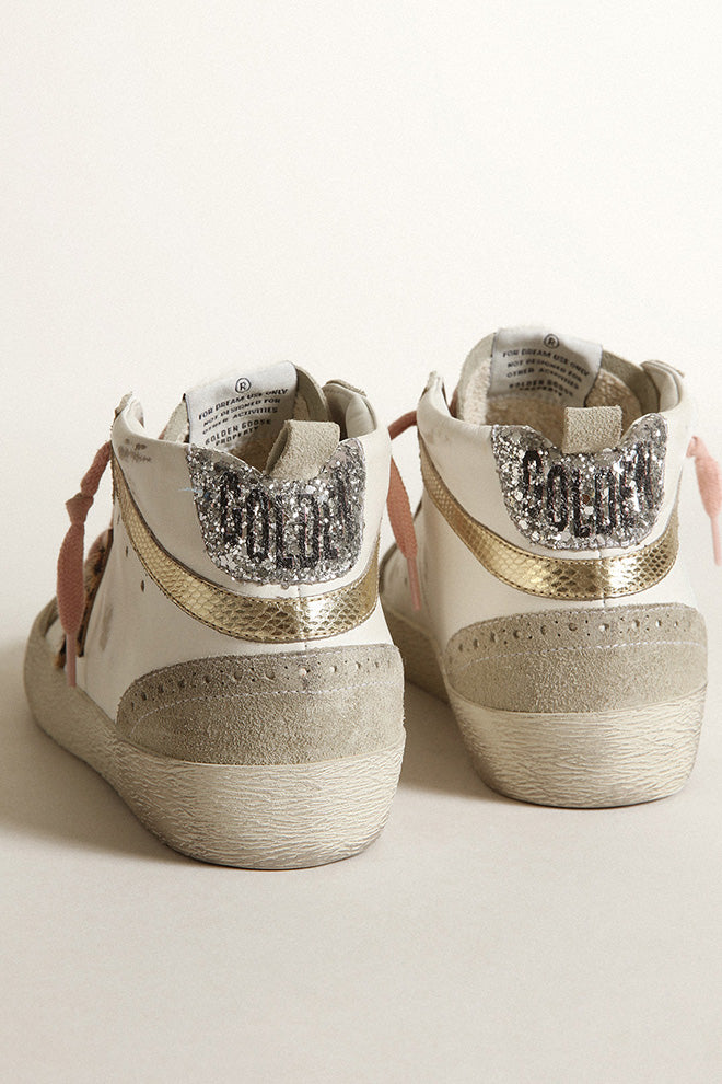 Golden Goose Mid Star Leather Upper Suede Toe and Spur Mini Leo Star Mini Viper Print Wave Glitter Heel