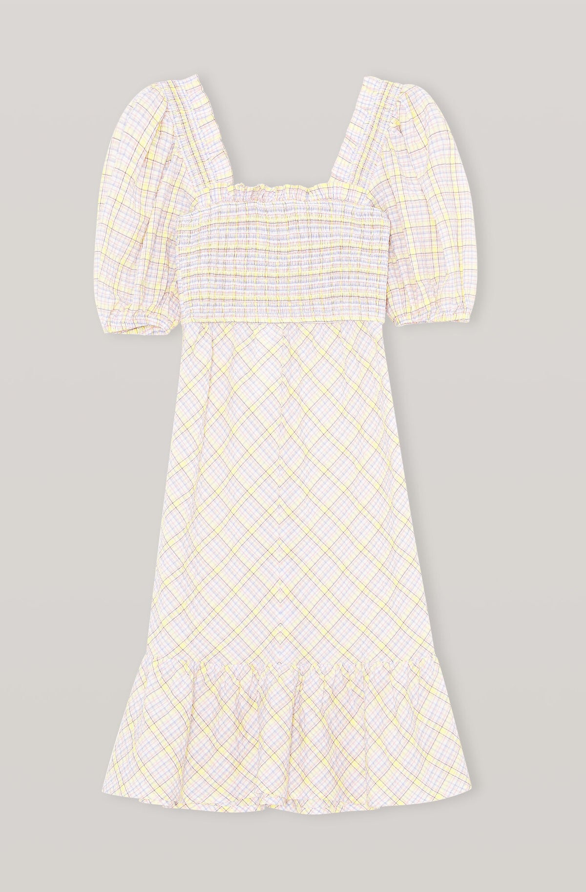 Ganni checkered seersucker shirred midi dress