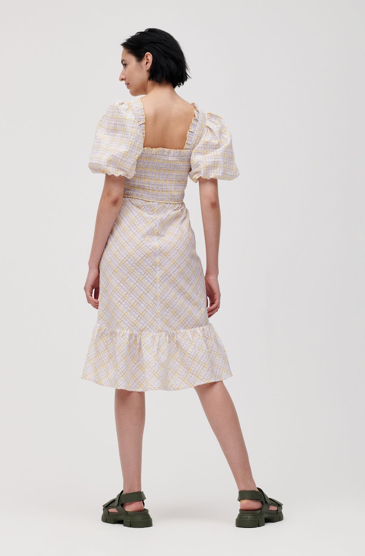 Ganni checkered seersucker shirred midi dress