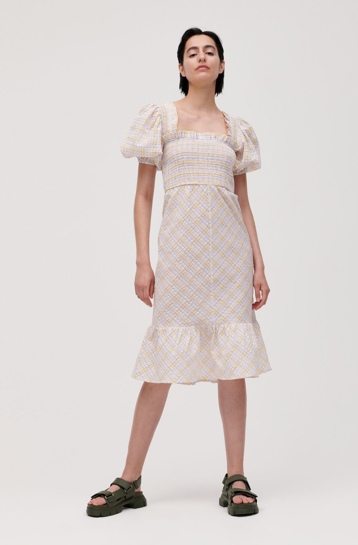 Ganni checkered seersucker shirred midi dress